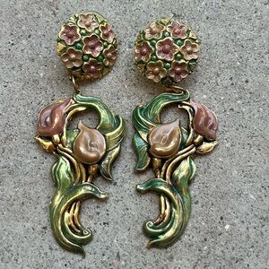 Vintage Gold Art Deco Earrings long pierced Art Nouveau gold-tone enamel flowers